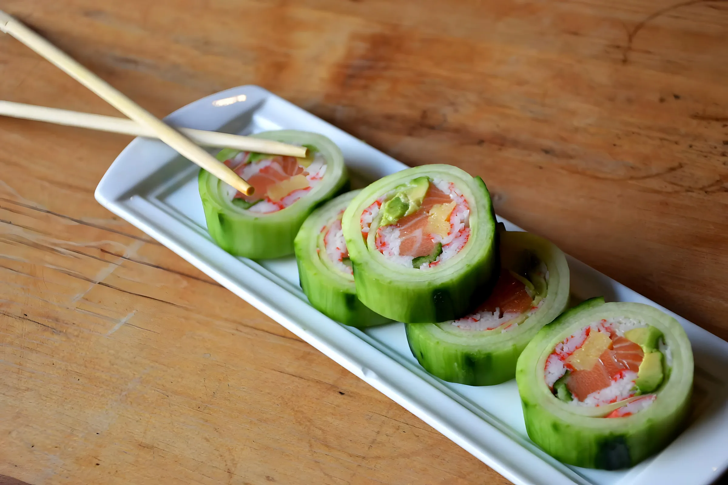 Komkommerrolletjes met zalm op een wit bord, stokjes erbij